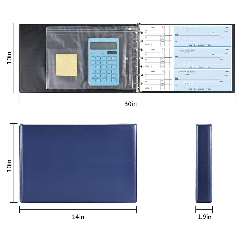 Pacific Mailer 7 Ring Business Check Book Binder, 600 Checks Capacity for 9" x 13" Sheets, PU Leather Checkbook Holder with Zip Pouch [Dark Blue] - Image 3